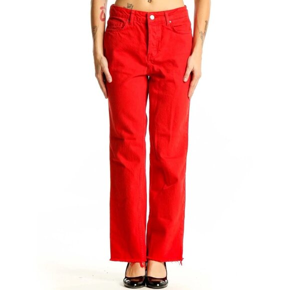 Zara Women’s Size 4 Red Straight Leg Jeans Red Raw Hem 26x31 - Picture 1 of 8